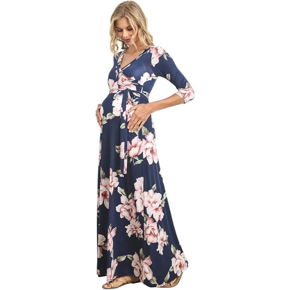 Hello Miz Floral Wrap Maxi Dress V-Neck 3/4 Sleeve Navy/Pink L Maternity dress